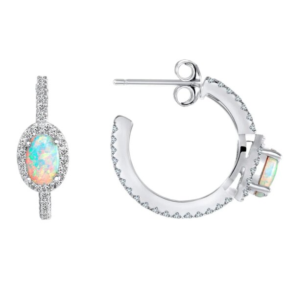 STERLING SILVER DANGLE OPAL EARRINGS WITH CUBIC ZIRCONIAS  Sterling Silver 925 Rhodium Plated Half Cubic Zirconia Hoop and Opal Earrings